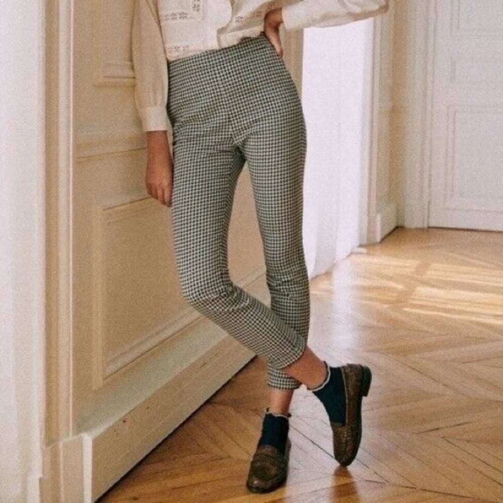 Sezane Clara Trousers in Ecru / Black Houndstooth US Size 4 FR Size 36